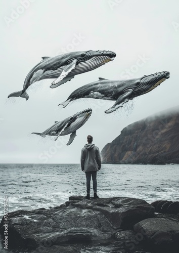 the surreal beauty of a realistic photo capturing several humpback whales suspended gracefully in mid-air, evoking a sense of wonder and awe.