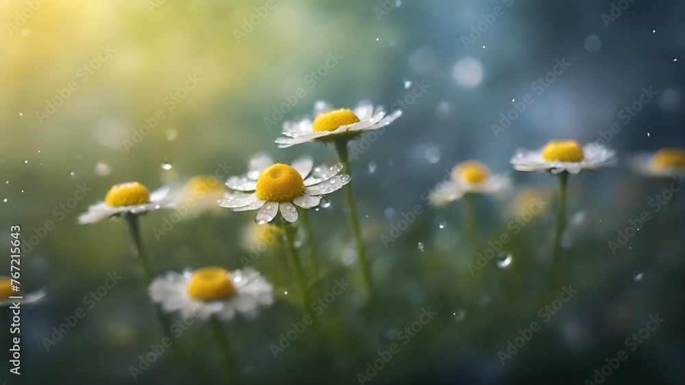 Camomile flowers in summer rain, macro photo nature meadow, dewy wildflowers close-up - obrazy, fototapety, plakaty 