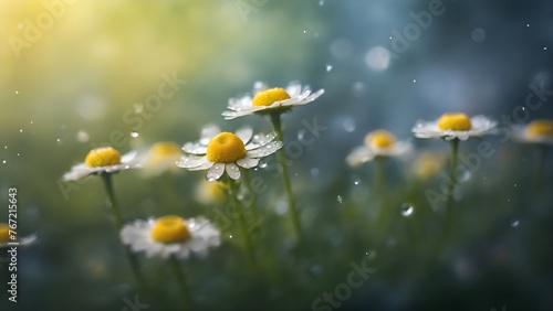 Camomile flowers in summer rain, macro photo nature meadow, dewy wildflowers close-up © KatBaid