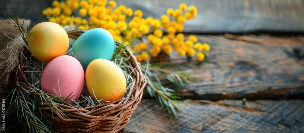 Easter eggs in a variety of colors placed in a basket alongside mimosa flowers on a wooden table, captured from above with space for text. Easter eggs in a variety of colors placed in a basket alongside mimosa flowers on a wooden table, captured from above with space for text.