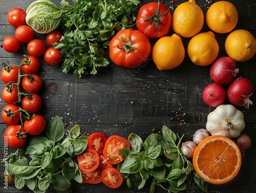 Fresh organic vegetables and fruits frame on dark wooden background, healthy food background with copy space, culinary ingredients flat lay
