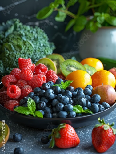 Top view  healthy food  vegetables  and fruits on a black wooden background.