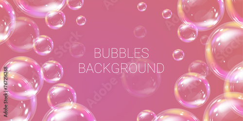Abstract background with realistic transparent bubbles with refraction and glare. Vector illustration with soapy foam or colorful shiny rainbow balls for banner, poster and social media.