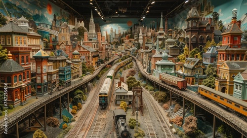 A panoramic view of a sprawling, intricate model train set, complete with miniature buildings, trains, and landscapes