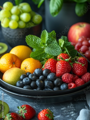 Top view  healthy food  vegetables  and fruits on a black wooden background.