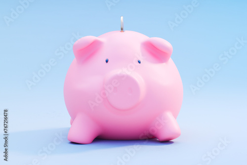 Vibrant Pink Piggy Bank Centered on Pastel Blue Background - Financial Concept