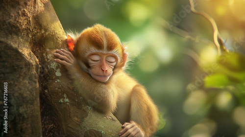 Sleeping monkey sleeps hugging a tree against the background of the jungle
