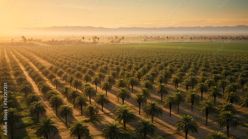 Fototapeta premium Delve into the agricultural heart of California with aerial vistas of palm tree farms against a morning sky, showcasing the harmony of nature and industry