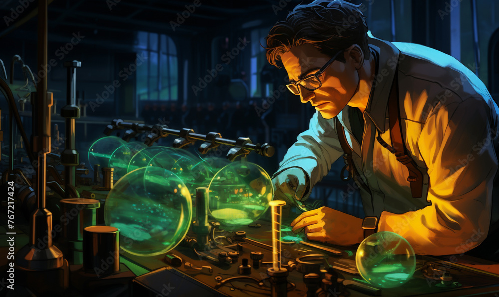 Detailed close-up of a scientist working in a lab with various equipment Detailed close-up of a scientist working in a lab with various equipment