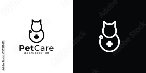Creative Pet Care Logo. Cat and Stethoscope with Lienar Outline Style. Pet Clinic Logo Icon Symbol Vector Design Inspiration.