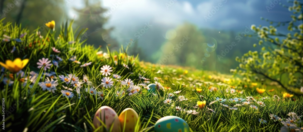 A meadow in spring with Easter eggs concealed among the greenery - obrazy, fototapety, plakaty 