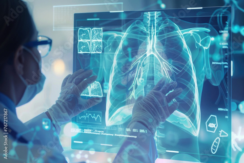 Medicine doctor with electronic medical record of human lungs anatomy with X-ray images. Digital healthcare  research and medical technology concept