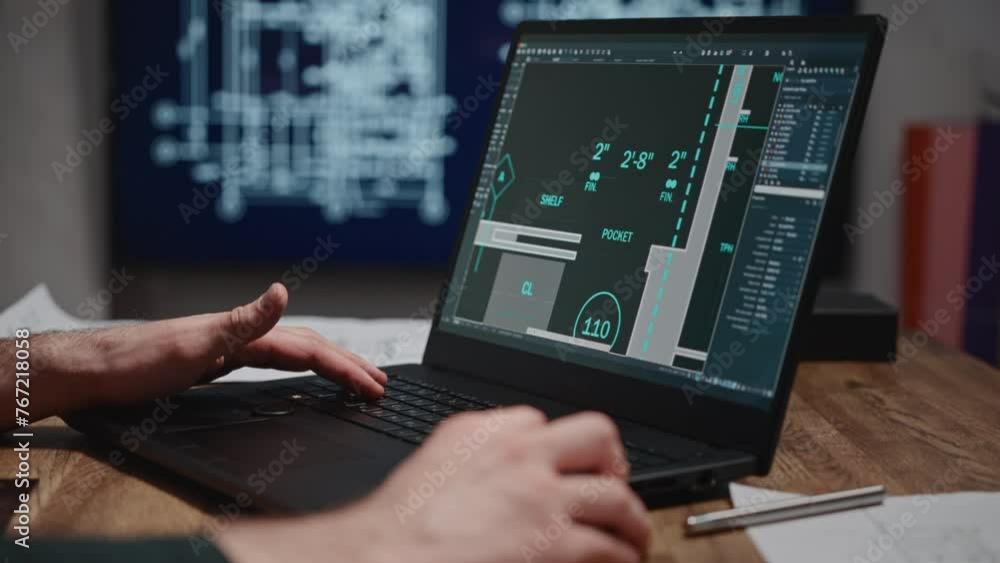 An unrecognizable architect works on a laptop with blueprints in a specialized program. The man is developing a construction project. The architect is designing a floor plan. An unrecognizable architect works on a laptop with blueprints in a specialized program. The man is developing a construction project. The architect is designing a floor plan.