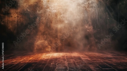 Abstract stage with smoky dust background, dark floor, and hint of spotlight. photo
