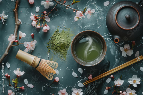 Japanese tea ceremony set with steaming matcha and cherry blossoms on dark background photo