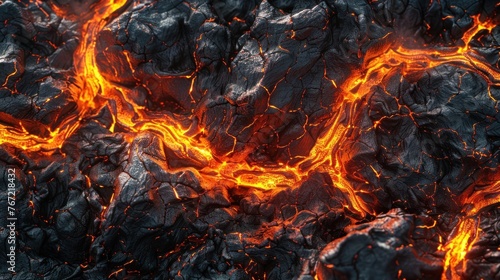 Fiery lava texture flowing like a river against a rocky background