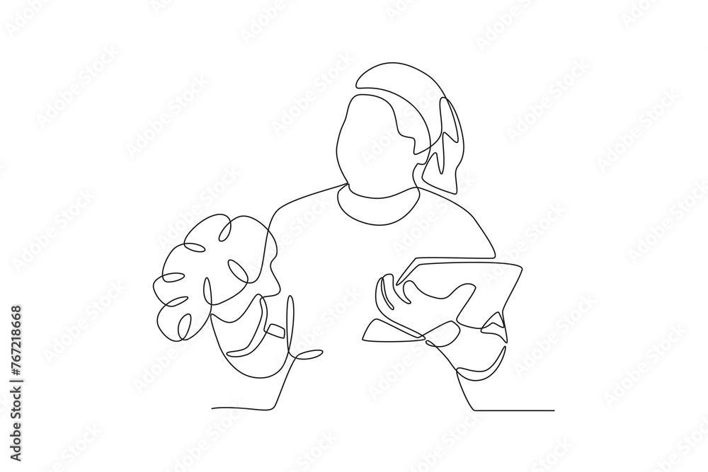 Woman checking vegetables to be harvested.People picking herbs or veggie one-line drawing Woman checking vegetables to be harvested.People picking herbs or veggie one-line drawing