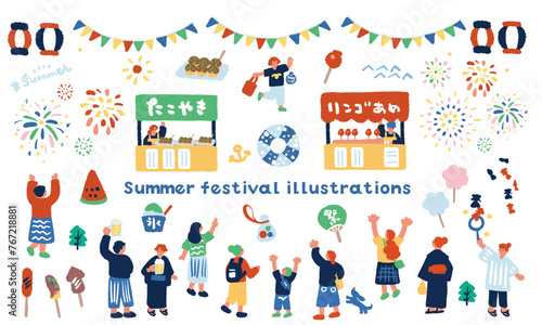 夏祭りの手描きのイラスト素材セット
