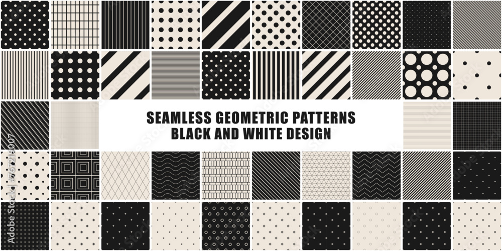 Collection of vector black and white seamless patterns. Simple dotted and striped geometric textures - repeatable backgrounds. Monochrome unusual design, minimalistic textile prints Collection of vector black and white seamless patterns. Simple dotted and striped geometric textures - repeatable backgrounds. Monochrome unusual design, minimalistic textile prints