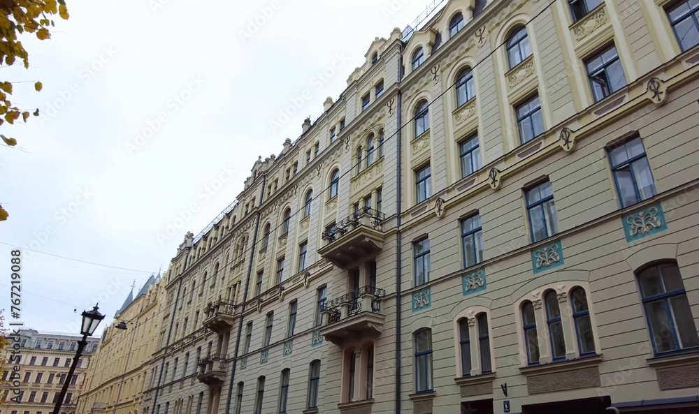 Historic residential district of Riga build in Art Nouveau style. Old residential houses.