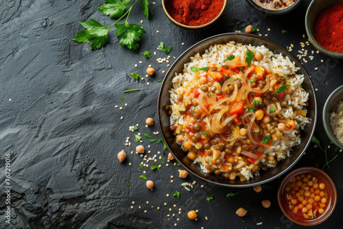 koshari traditional egyptian dish with lentils, rice, and pasta served on dark background