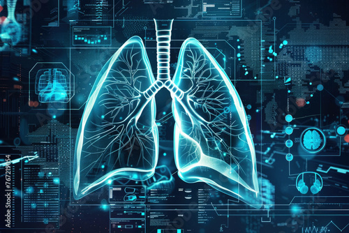 Human lung anatomy with X-ray images and scientific data. Digital healthcare, research and medical technology concept