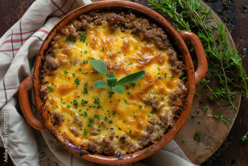 traditional south african bobotie baked meat and custard dish with herbs photo