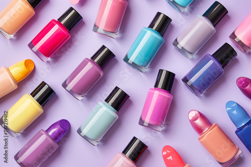 colorful array of nail polish bottles on purple background