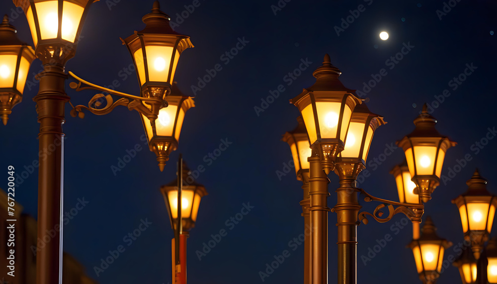 A row of street lamps against a dark night sky