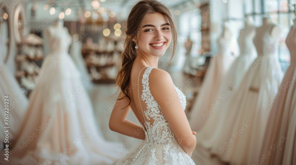Naklejka premium Woman Standing in Front of Wedding Dresses
