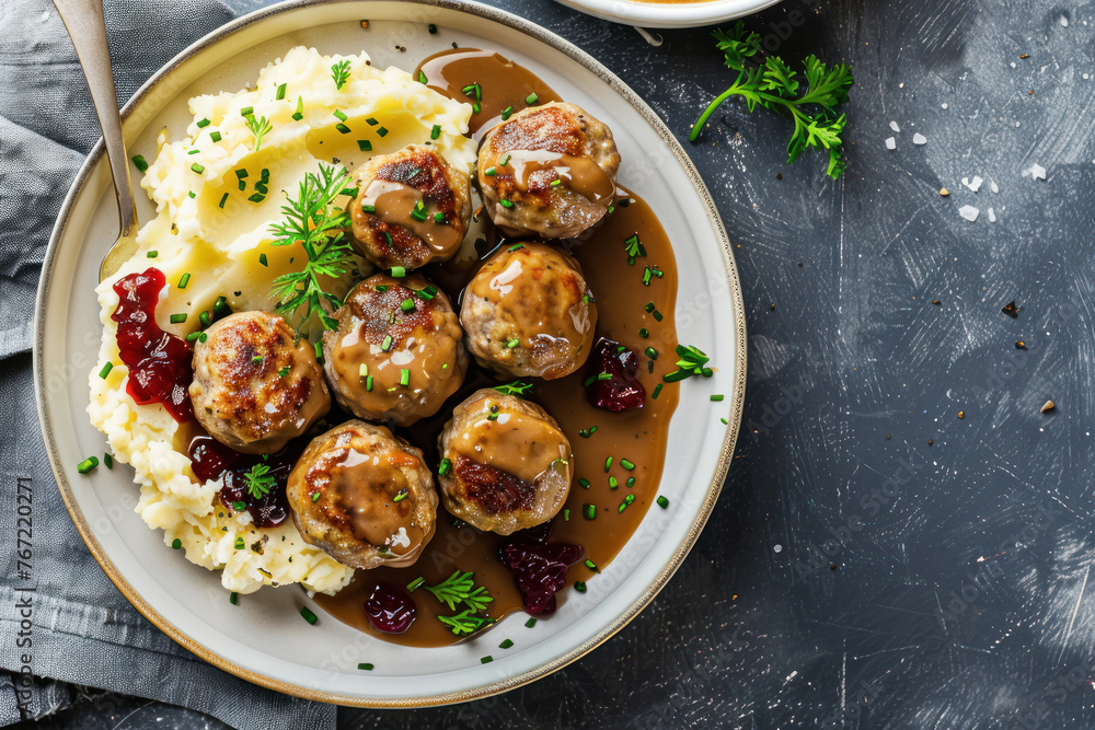 classic Swedish meatballs with mashed potatoes and lingonberry on a dark gray surface classic Swedish meatballs with mashed potatoes and lingonberry on a dark gray surface