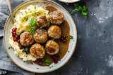 classic Swedish meatballs with mashed potatoes and lingonberry on a dark gray surface