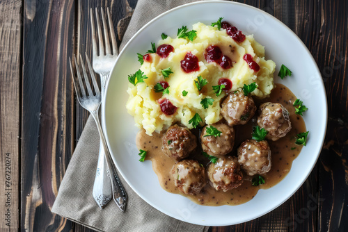 homestyle Swedish meatballs with creamy mashed potatoes and lingonberry sauce photo