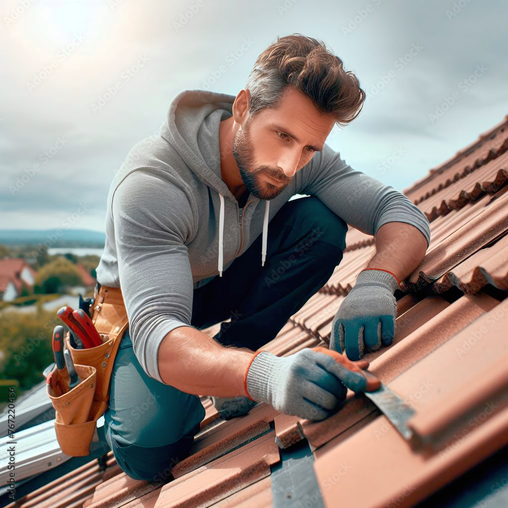 Construction worker installing roof tiles on the roof of a residential building.