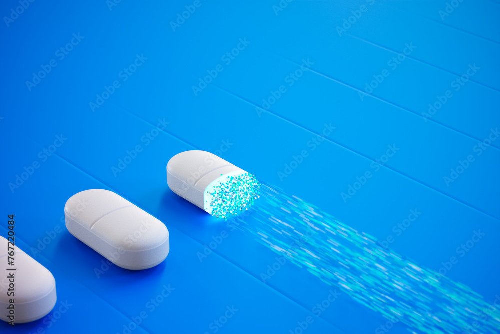 Innovative 3D Illustration of a Dissolving Capsule on a Vibrant Blue Background