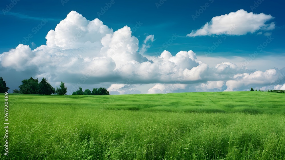 Summer environmental landscape concept featuring green grass and cloudscape art Summer environmental landscape concept featuring green grass and cloudscape art