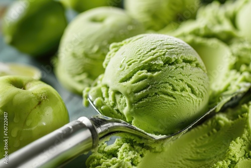Close-up of Delicious Green Ice Cream Scoop on White Dish. Perfect for Catering and Food Concepts with Lime and Apple Flavors © Serhii