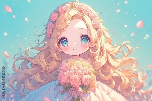 cute anime bride with long blond hair holding a wedding bouquet of roses flowers