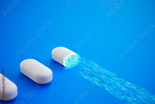 Obraz na płótnie Innovative 3D Illustration of a Dissolving Capsule on a Vibrant Blue Background w salonie