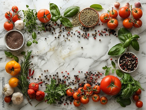 Various vegetables and spices on the white marble background
