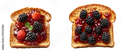 Blackberry jam toast set PNG. Roasted slice of toast bread with blackberry jam PNG. Toast top view PNG. Slightly burnt toast bread flat lay isolated. Blackberry jam