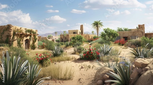 a remote desert village, with adobe structures, desert blooms, and the silent beauty of life 25fa4663783c photo