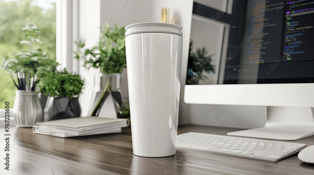 White tumbler mockup on office table near computer desktop. White steel tumbler template. White tumbler mockup on office table near computer desktop. White steel tumbler template.