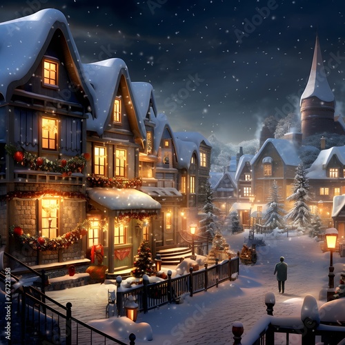 Winter village at night. Christmas and New Year holidays concept. 3d rendering