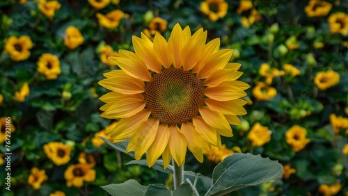 Sunflower against a green floral background exudes natural beauty