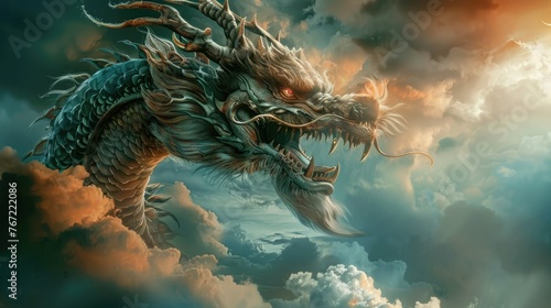 Mythical Ancient Dragon over Stormy Sky. Asia Temple Inspired Art with Siam Influence. Awe-Inspiring Majestic Mythical Creature