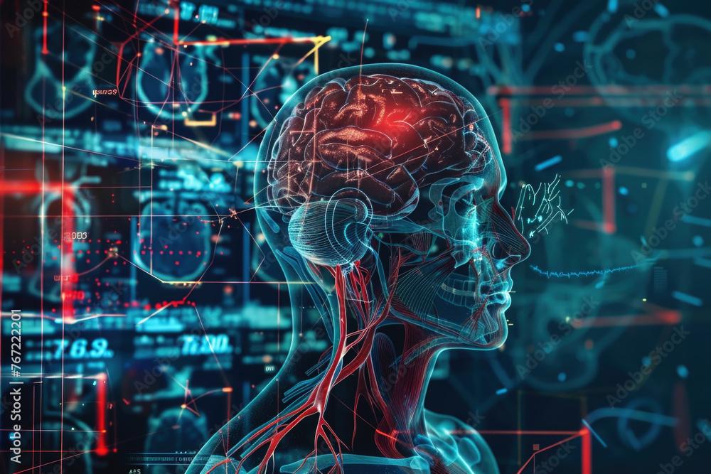 Human brain anatomy with X-ray images and scientific data. Digital healthcare, research and medical technology concept Human brain anatomy with X-ray images and scientific data. Digital healthcare, research and medical technology concept