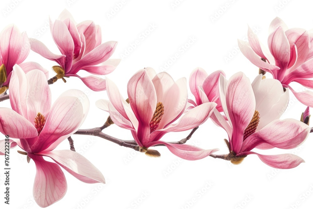 Pink Spring Magnolia Flower Branch for Decoration. Magnolia Blossom Border Rows in Bloom on Tree Pink Spring Magnolia Flower Branch for Decoration. Magnolia Blossom Border Rows in Bloom on Tree
