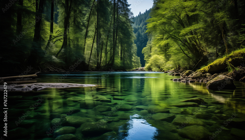 A beautiful landscape photo of a crystal clear river flowing through a lush green forest A beautiful landscape photo of a crystal clear river flowing through a lush green forest