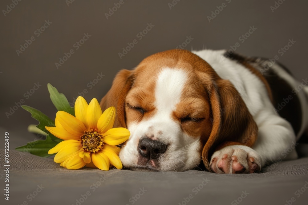 Studio Portrait of Beautiful Domestic Beagle Dog with a Flower on White Background - Purebred Pet Animal Mammal